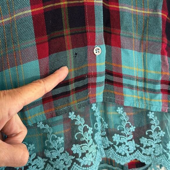 Preppy Goth Plaid Lace Button Up Shirt Viscose Soft Surroundings Western Cowgirl - Picture 7 of 7